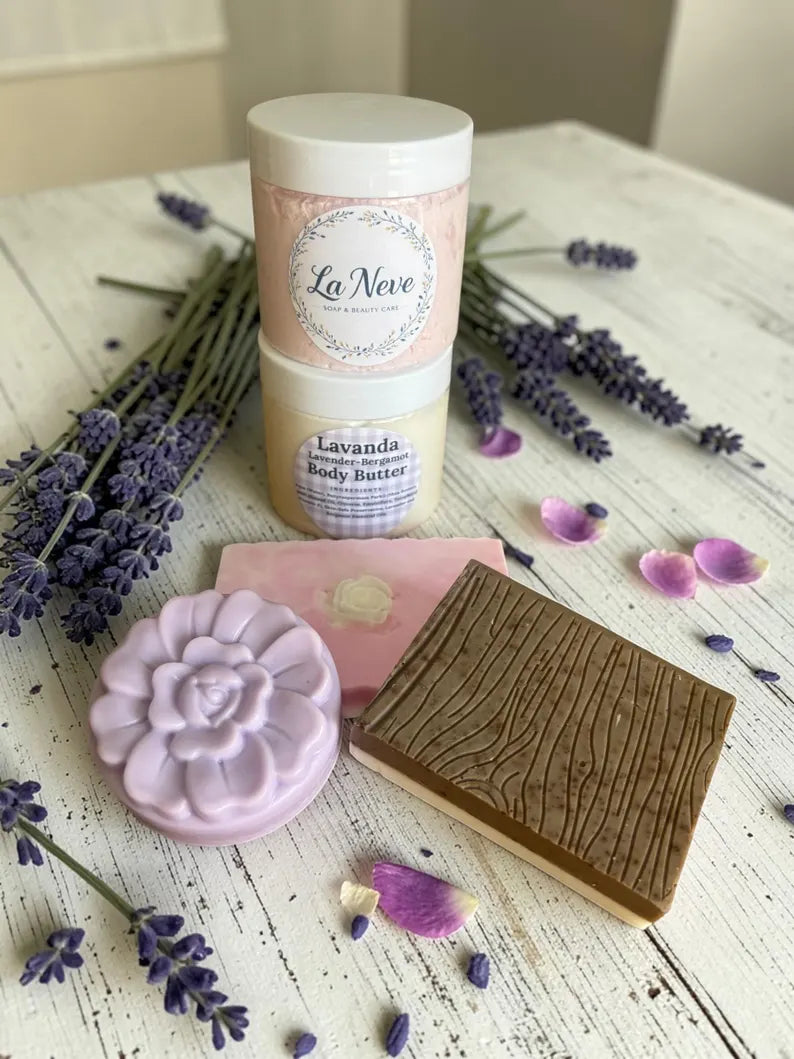 La Neve Bundle: Rose, Lavender, Sandalwood Soaps, Body Butter, Scrub