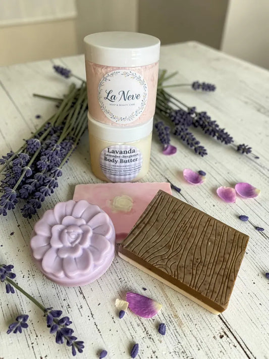 La Neve Bundle: Rose, Lavender, Sandalwood Soaps, Body Butter, Scrub