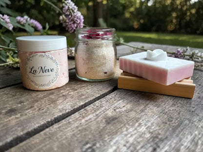 Handmade Spa Gift Set: Rose or Lavender Soap, Body Butter or Scrub, Bath Soak, Soap dish