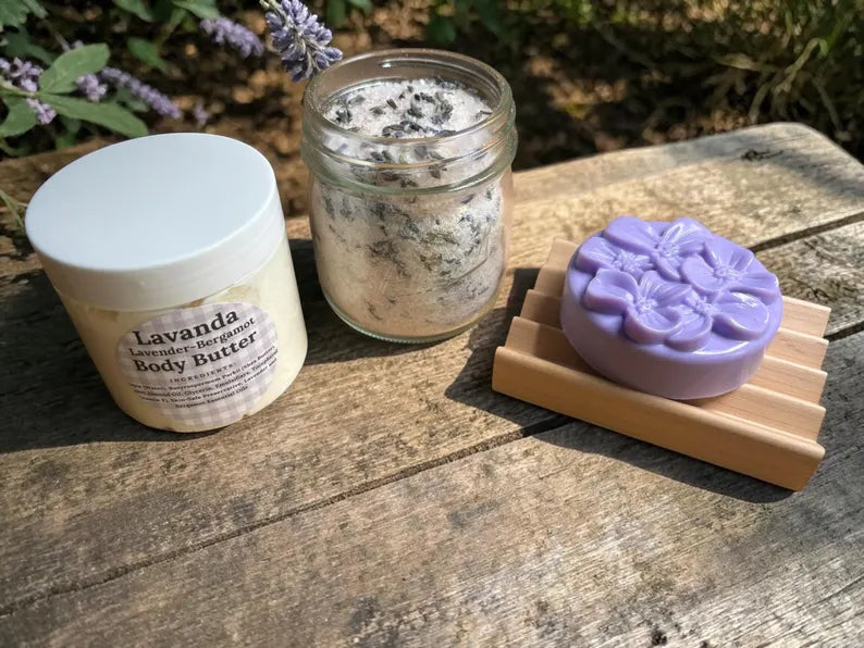 Handmade Spa Gift Set: Rose or Lavender Soap, Body Butter or Scrub, Bath Soak, Soap dish
