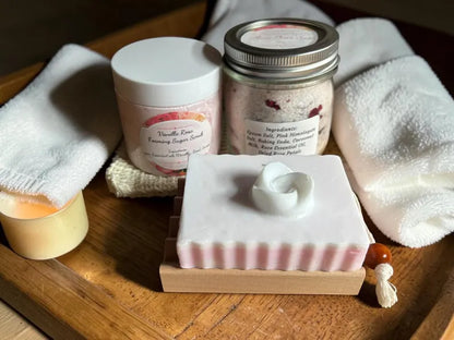 Handmade Spa Gift Set: Rose or Lavender Soap, Body Butter or Scrub, Bath Soak, Soap dish