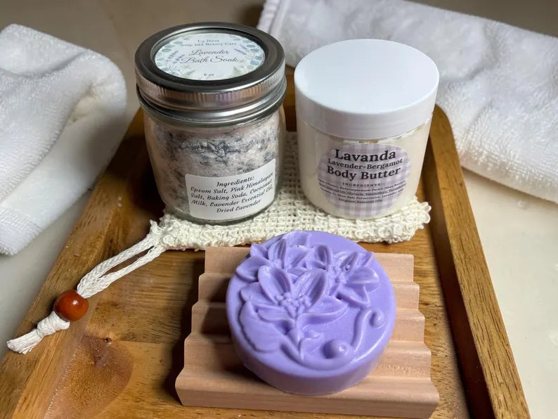 Handmade Spa Gift Set: Rose or Lavender Soap, Body Butter or Scrub, Bath Soak, Soap dish