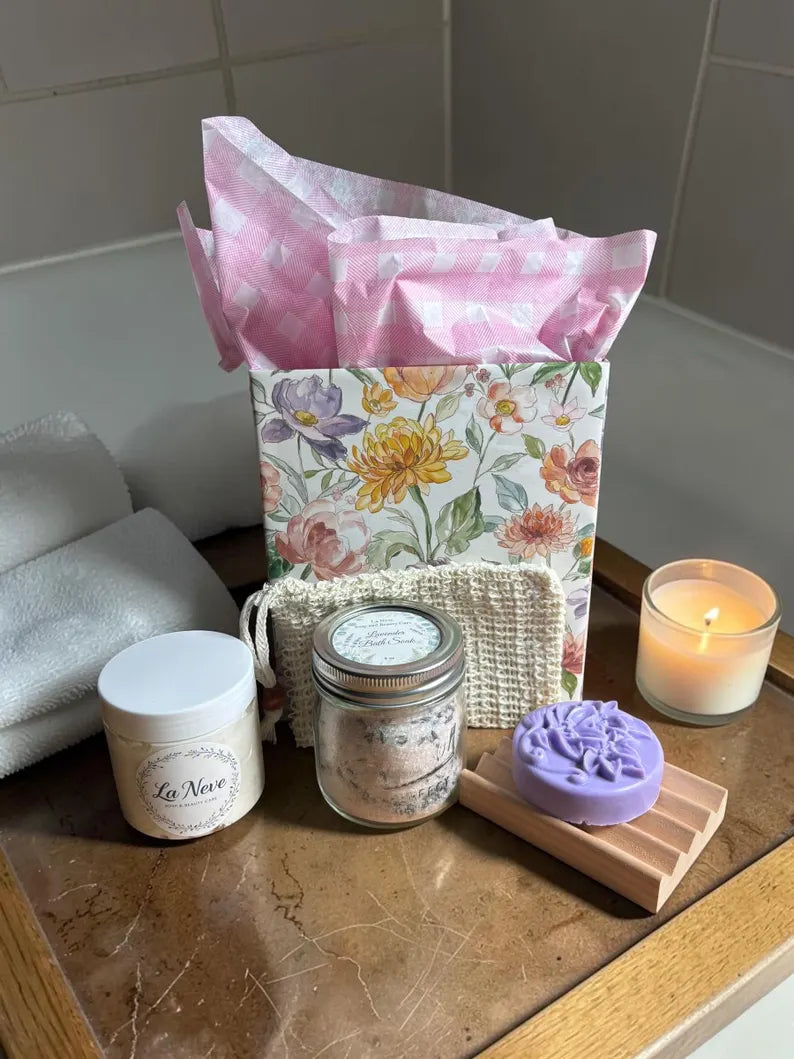 Handmade Spa Gift Set: Rose or Lavender Soap, Body Butter or Scrub, Bath Soak, Soap dish