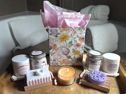 Handmade Spa Gift Set: Rose or Lavender Soap, Body Butter or Scrub, Bath Soak, Soap dish