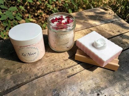 Handmade Spa Gift Set: Rose or Lavender Soap, Body Butter or Scrub, Bath Soak, Soap dish