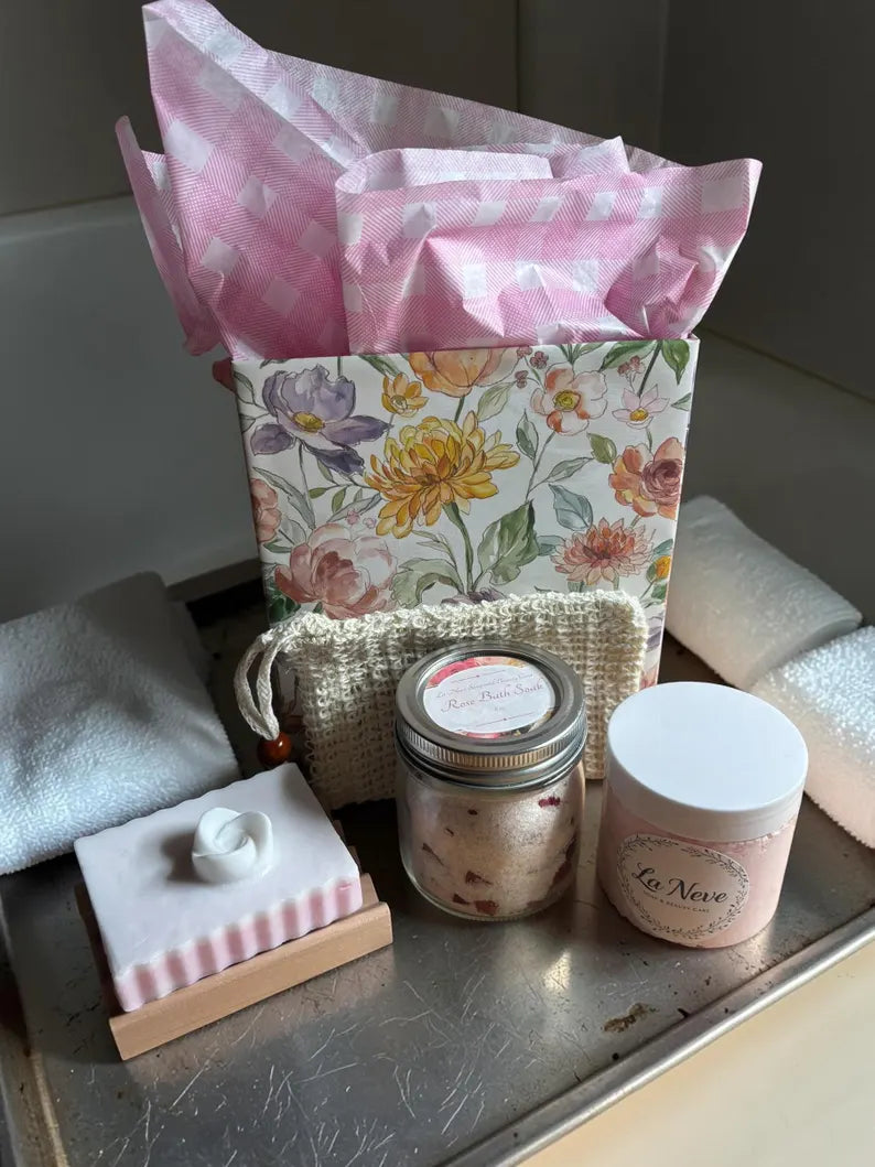 Handmade Spa Gift Set: Rose or Lavender Soap, Body Butter or Scrub, Bath Soak, Soap dish